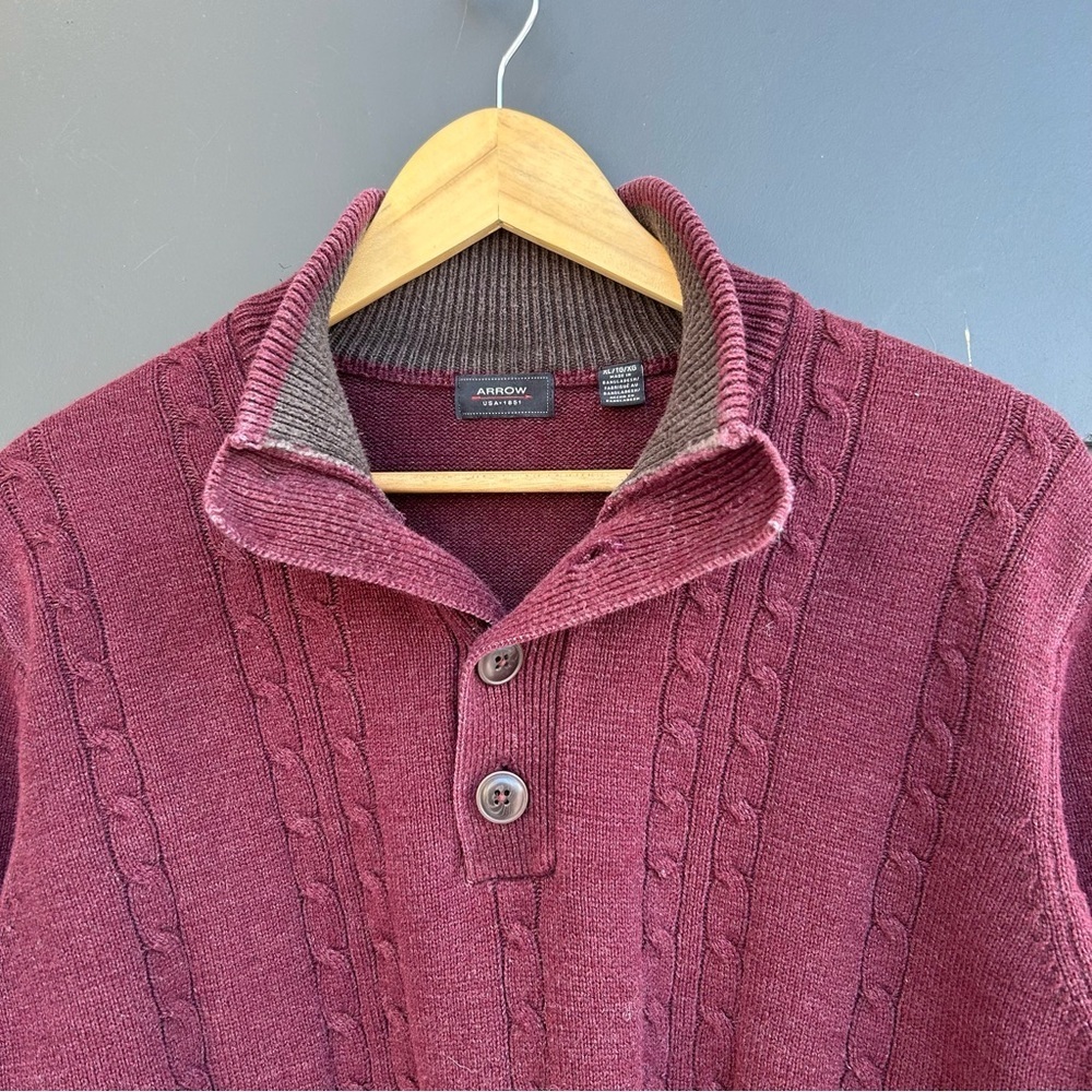 Arrow Cotton Mix Turtleneck Sweater - Cables - 1/4 button down - Maroon - XL